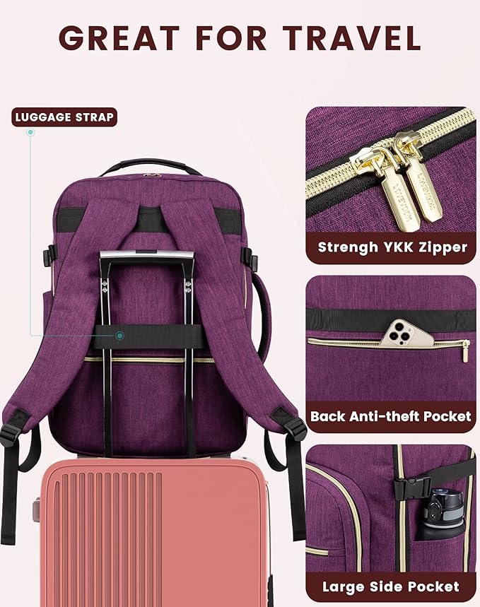 LOVEVOOK Travel Backpack for Women & Men 40L,Airline Approved Carry On Backpack Travel Essentials,TSA Carry on Luggage,Waterproof Personal Item Travel Bag,Suitcase with Packing Cubes,Dark purple-Black
