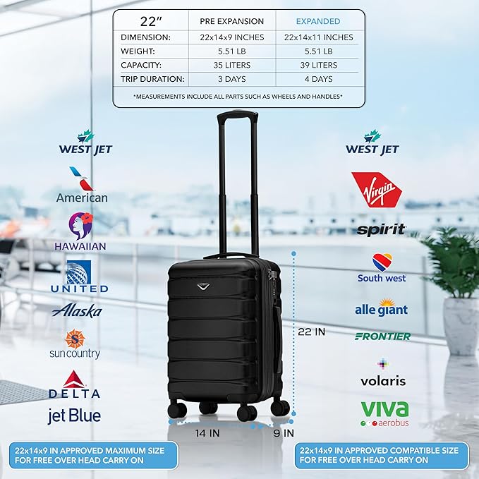 Flight Knight 22x14x9" Expandable Carry On Suitcase Hardside TSA Lock USB C Port Lightweight Luggage Silent Double Spinner Wheels Maximum Overhead Carry-On Bag For American & United Approved Airlines