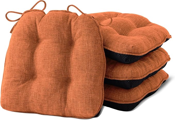 Chair Cushions for Dining Chairs Set of 4, Kitchen Chair Cushions, Chair Pads with Ties and Non Slip Backing, Tufted Memory Foam Seat Cushion 4 Pack, 15.5" x 15.5" x 4", Orange