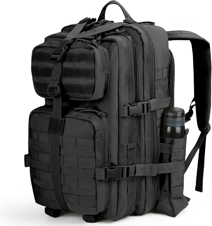 REEWBOW GEAR 40L Military Tactical Backpack For Men 3 Day Survival Heavy Duty Daypack MOLLE Bug Out Bag Hiking Rucksack (Black with Bottle Holder)