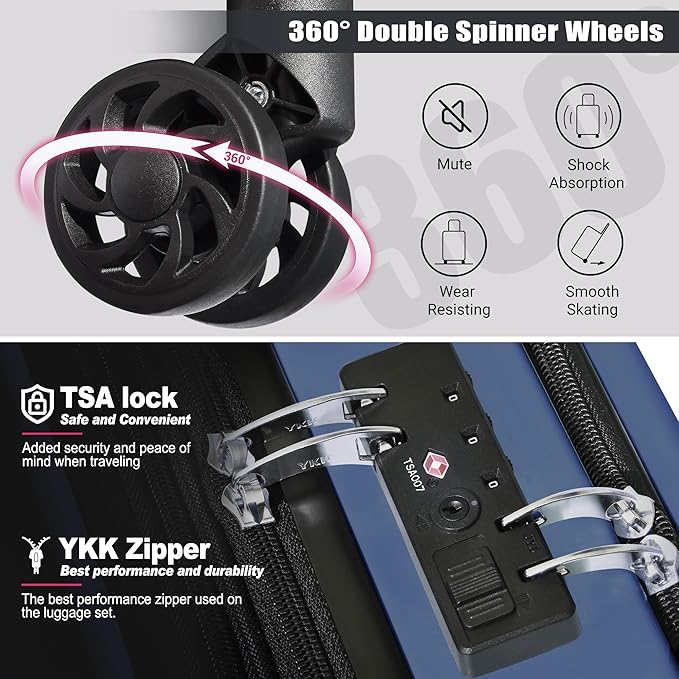 SmileLine 3-Piece Luggage Set Lightweight Hardside Suitcase TSA Lock Spinner Wheels, 20" Expandable Carry-On Luggage with Quick Access Front Open Pocket, Bonus Makeup Bag, Navy Blue
