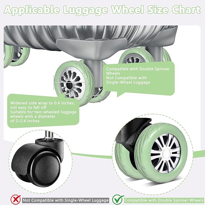 8 Pcs Upgraded Luggage Wheel Covers, Suitcase Protector, Wear-Resistant Anti-Noise Silicone Wheel Covers for 2-2.4” Spinner Wheels, Travel Accessories for Carry On Luggage (Green, Small)