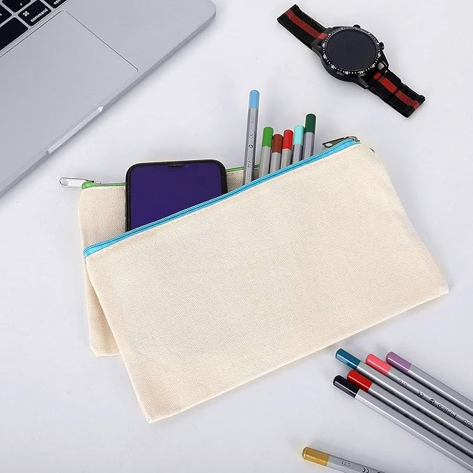 12 Pieces Cotton Canvas Makeup Bag, Multipurpose Cosmetic Bag with Zipper Travel Toiletry Pouch, Blank DIY Craft Bag (Beige, M)