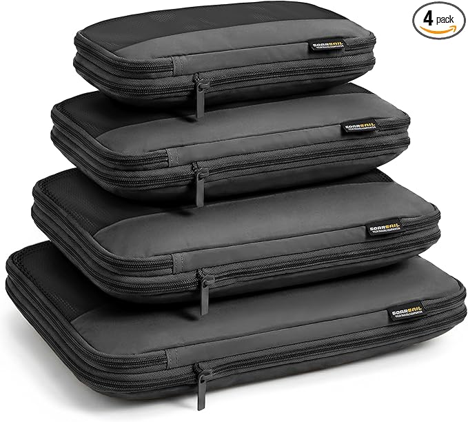 4 Piece Compression Packing Cubes for 3–7 Day Travel, Lightweight Travel Organizers with Breathable Mesh, Double-Zipper Packing Cubes for Carry-On & Suitcases (Jet Black)