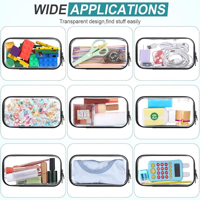 Sanwuta 6 Pcs Clear Hard Zipper Case Plastic Zipper Pouches Transparent Makeup Bag Pencil Case Pouches Toiletry Diaper Bag for Travel Toy Storage Organizer Bins(Black,7.48 x 3.94 x 2 Inch)