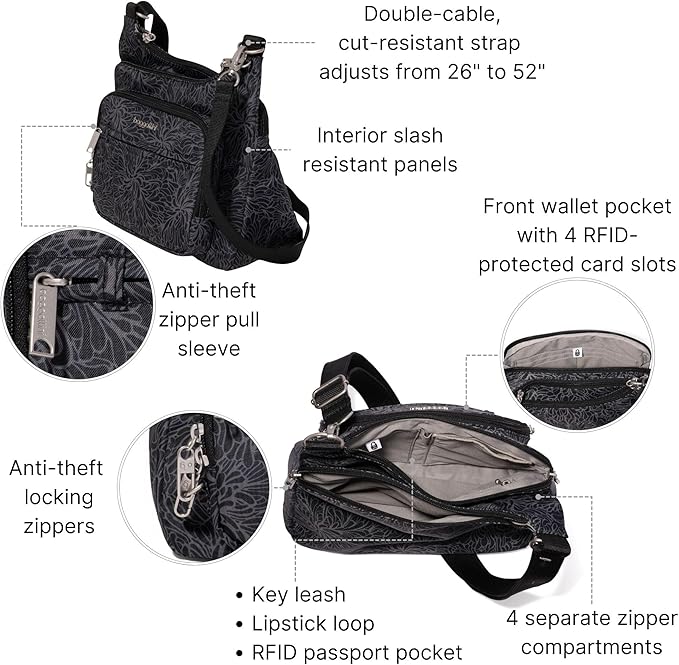 Baggallini Securtex Anti-theft Crossover Crossbody Bag 11”w X 8.5”h, Rfid, Built-in Wallet, Locking Zippers