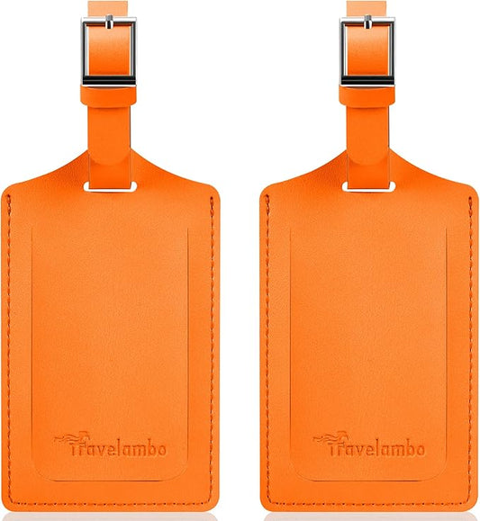 Travelambo Luggage Tags for Suitcases Faux Leather Privacy Protection 2 Pack Bag Tags Travel Accessories Essential, Hot Orange