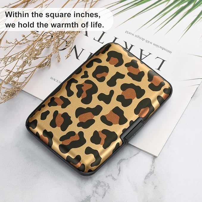 ELFISH Mini RFID Aluminum Wallet Credit Cards Holder Business Card Case Metal ID Case for Men Women（Leopard