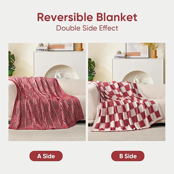 Snuggle Sac Red Checkered Christmas Throw Blanket,Super Soft Reversible Cozy Warm Blanket for Couch Sofa Bedroom,Cute Lightweight Striped Throws for Women,Heather Red,50x60 inches