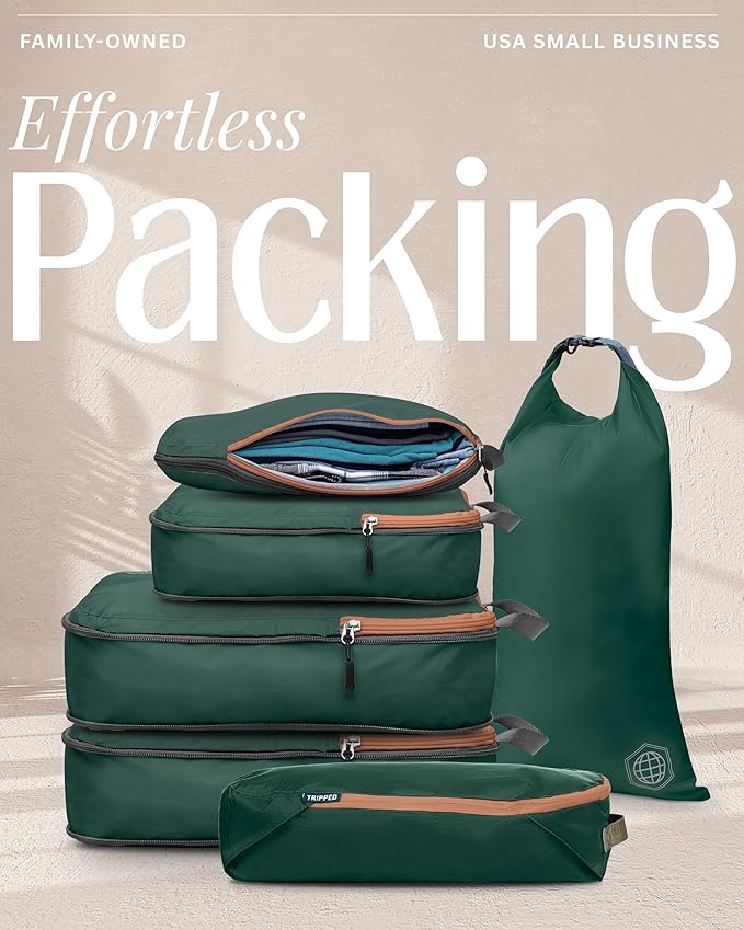 Compression Packing Cubes 6 Piece Set for Carryon Suitcases- Lightweight, Durable Clothes Organizer (Green and Brown)