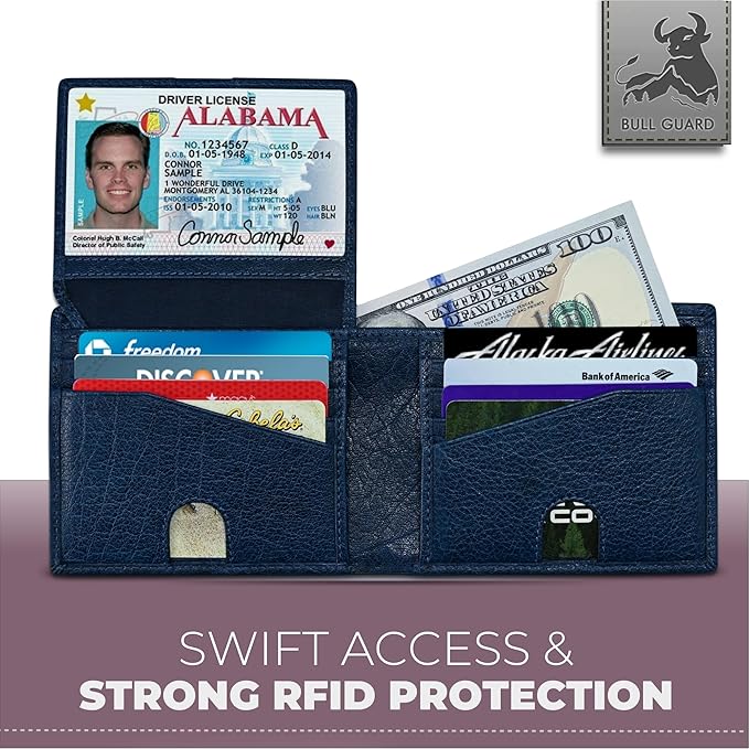 RFID Bifold Leather Wallet For Men with Flip Up ID Secure and Durable Extra Capacity Billfold with 11 Credit Cards in Vintage Buffalo Blue, Tight Stitching & Quick Thumb Push Access, Gift Boxed