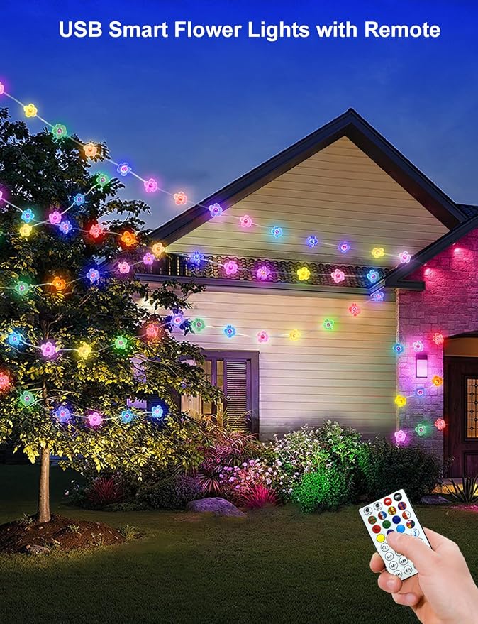 Cherry Blossom Flower String Lights Color Chaning Fairy Lights APP Control | 33Ft 66LED, 16 Million Colors, Remote, Music Sync, Timer, Twinkle Lights for Classroom Dorm Christmas Gift Decor, USB Plug