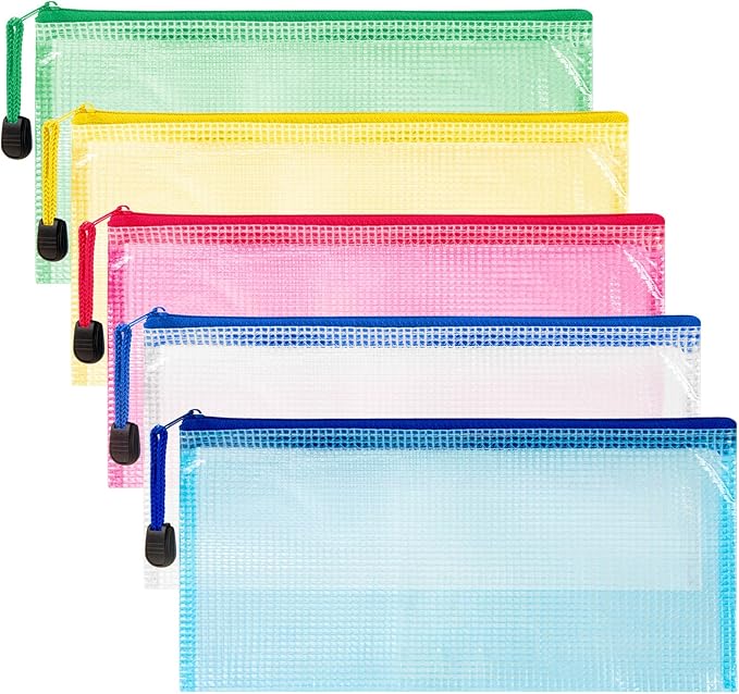 Mesh Zipper Pouch Bags - 5Pack A6 Waterproof Small Zipper Bags 4.7x9.3 Inch Clear Mesh Storage Pouches Assorted Colors for Home, Office, School, Travel, Receipts, Puzzles, Pencil, Cosmetic