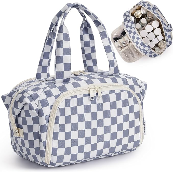 Narwey Travel Toiletry Bag for Women Checkered Large Capacity Makeup Bag Wide Open Cosmetic Make Up Organizer with Wet Pocket for Towel Travel Bag for Toiletries Essentials (Greyish Blue Checkerboard)