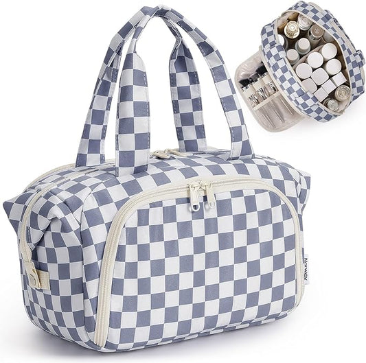 Narwey Travel Toiletry Bag for Women Checkered Large Capacity Makeup Bag Wide Open Cosmetic Make Up Organizer with Wet Pocket for Towel Travel Bag for Toiletries Essentials (Greyish Blue Checkerboard)