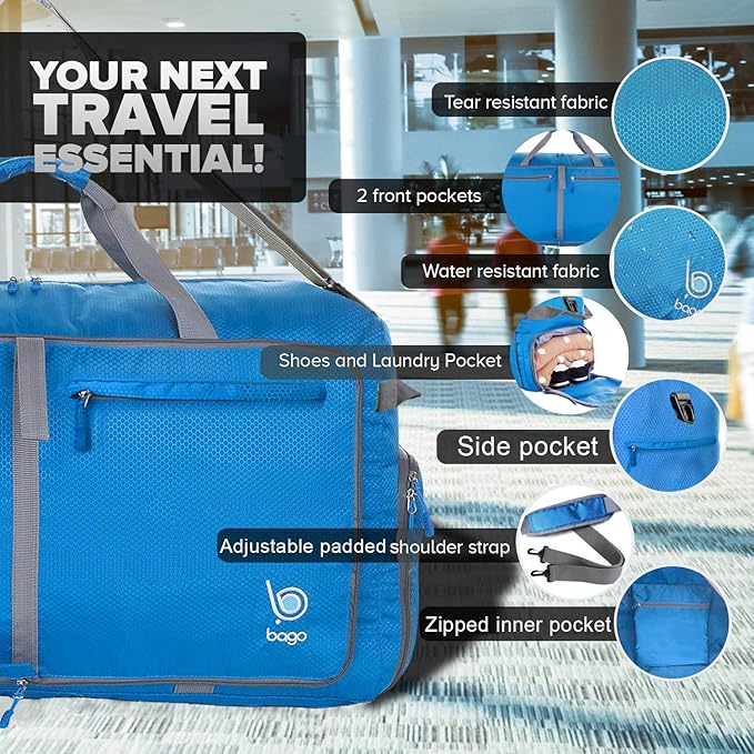 Bago Extra Large Duffle Bag for Travel Women & Men. Durable, Lightweight, Foldable Travel Duffel Bags For Traveling Women. 120L Duffle Bags Use As a Weekender Bag with Shoe Compartment, Checked Duffel