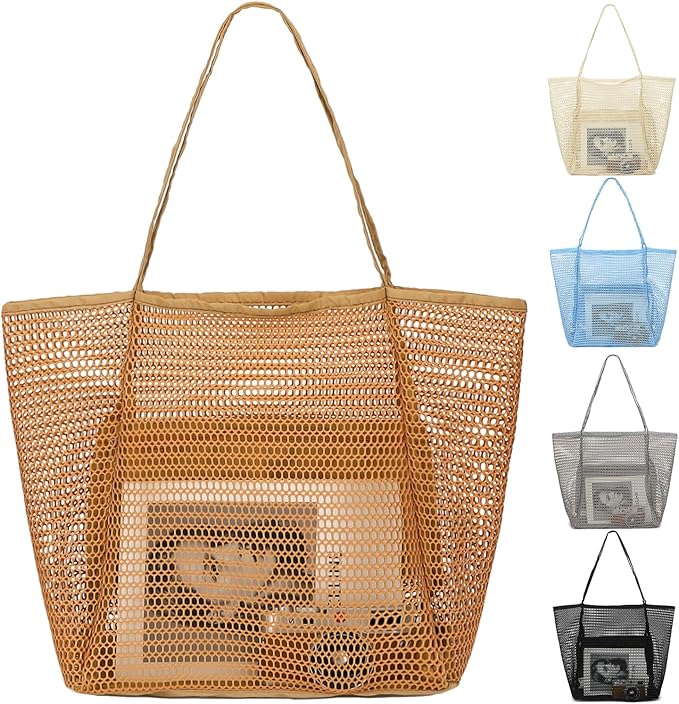 Fammart Mesh Beach Bag, Large Beach Tote with Zipper Pocket, Toys Pool Bag for Family Travel Vacation Cruise Essentials