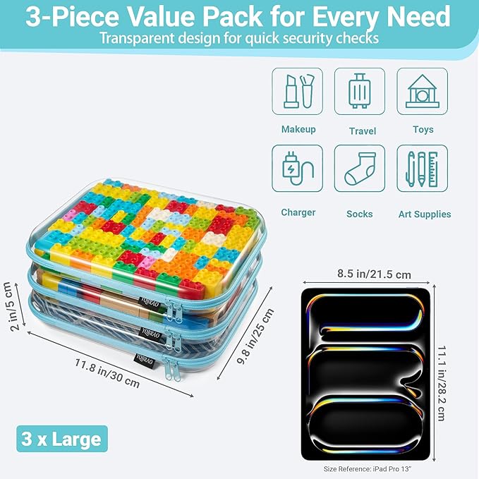 YQBRA 3 Pack Clear Hard Shell Zipper Case, See-Through Hard Plastic Organizer Pouches with Zipper for Travel, Toiletries, Makeup, Electronics & Pencils - Crush-Resistant Storage (L Blue)