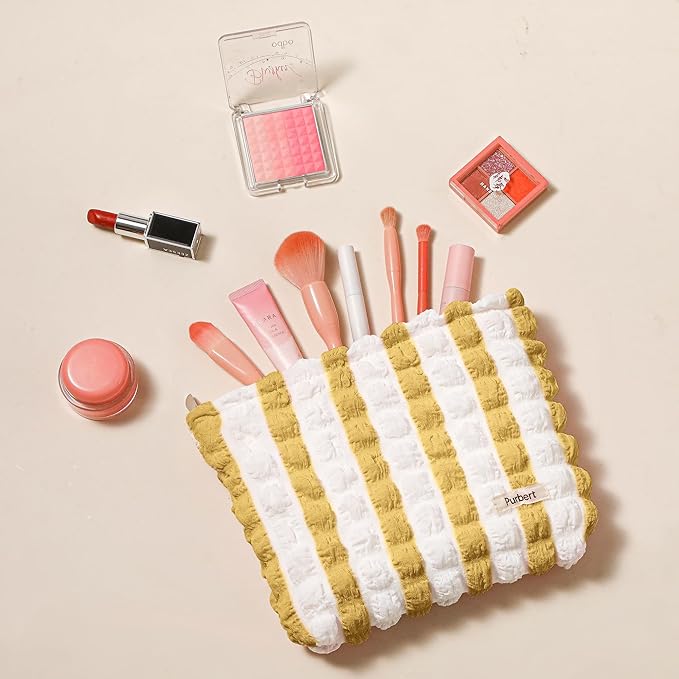 Makeup Bag, Bubble Cloud Travel Cosmetic Bag Organizer, Large Capacity Toiletry Make Up Bags with Zipper for Women and Girls, Yellow - White
