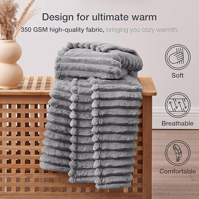 EXQ Home Fleece Throw Blanket for Couch or Bed - 3D Stripe Jacquard Decorative Blankets - Cozy Soft Lightweight Fuzzy Flannel Blanket Suitable for All Seasons(50"×60",Light Grey)