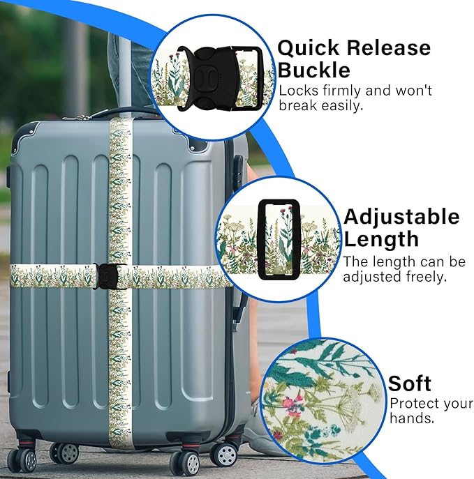 Luggage Straps for Suitcases, Travel Adjustable Belt with Quick Release Buckle, Heavy Duty Nylon Bag Packing Strap, Unique Bright Identifiers Business Travel Accessories (2 Pack) - White Flowers
