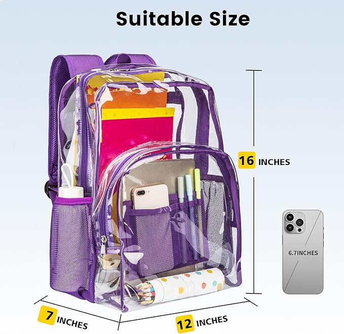 Vorspack Clear Backpack Heavy Duty PVC Transparent Backpack with Reinforced Strap Stitches & Large Capacity for College Workplace Security - Purple