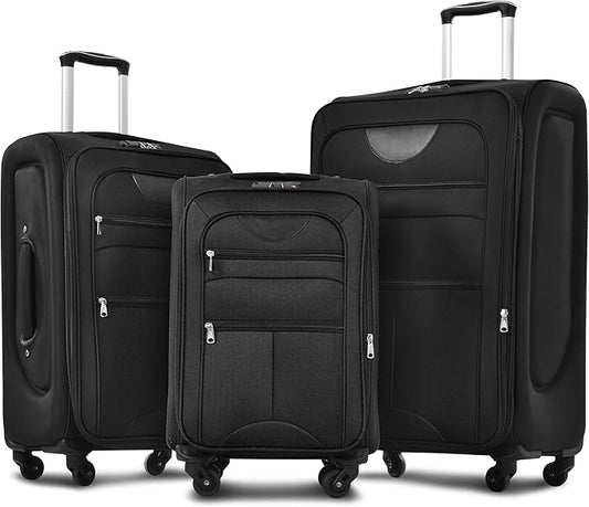 Merax Softside Luggage Set, Travel Suitcase Expandable Lightweight, 3 Piece Luggage Sets with Spinner Wheels 22" 26" 30" Suitcase with TSA Lock (Black)