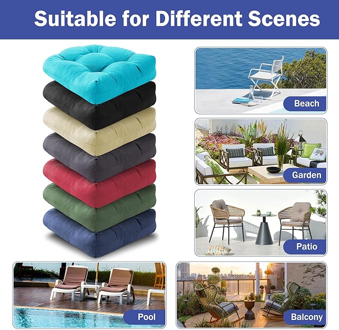 Outdoor Chair Cushions Set of 2, Patio Chair Cushions with Ties, 17x17+4” Tufted Outdoor Seat Cushions, Waterproof Patio Furniture Cushions, Outdoor Dining Chair Pads, Black