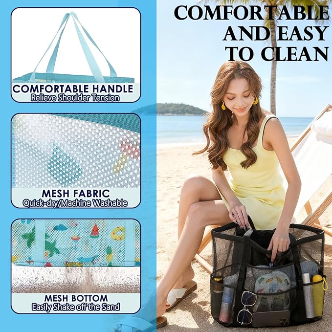 Fammart Mesh Beach Bag, Large Beach Tote with Zipper Pocket, Toys Pool Bag for Family Travel Vacation Cruise Essentials