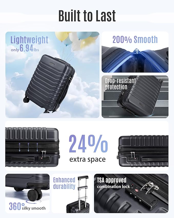 LIGHT FLIGHT Expandable Carry On Luggage 22x14x9 Airline Approved with Double Spinner Wheels, 20 Inch Lightweight Hard Shell Rolling Suitcases with TSA Lock, Black