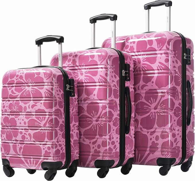 Merax Suitcase Set, Hardshell Luggage Sets 3 Piece with Spinner Wheels, Durable Printing Suitcase with TSA Lock Lightweight 20" 24" 28",Purple Pink