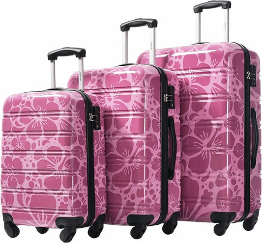 Merax Suitcase Set, Hardshell Luggage Sets 3 Piece with Spinner Wheels, Durable Printing Suitcase with TSA Lock Lightweight 20" 24" 28",Purple Pink