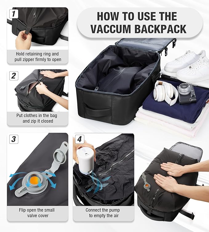VECAVE Vacuum Travel Backpack with Pump for Women, Personal Item Carry on Backpacks Flight Approved for Men,Laptop Waterproof Work Compression bags Casual Daypack(Black)