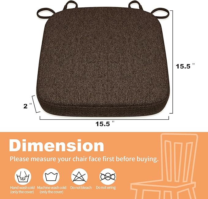 SINOSSO Memory Foam Chair Cushions for Folding Chairs 4 Pack, Thickened 2" Square Pads with Ties for Kitchen Chairs, Indoor Non-Slip Dining Chair Seat Cushions (4 Pcs, Dark Brown)