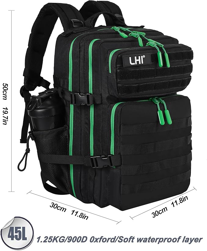 LHI Military Tactical Backpack for Men and Women 45L Army 3 Days Assault Pack Bag Large Rucksack with Molle System - Black with green zipper