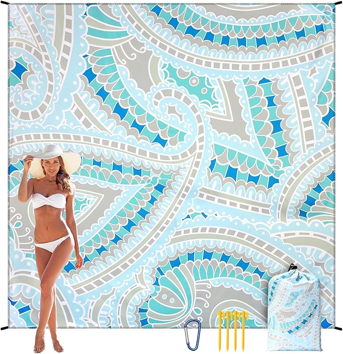 Beach Blanket Sandproof Extra Large Beach Mat Adults Waterproof Quick Drying Sand Free Mat with 4 Stakes & 4 Corner Pockets for Outdoor Travel Camping Hiking Blue 79" X 83"