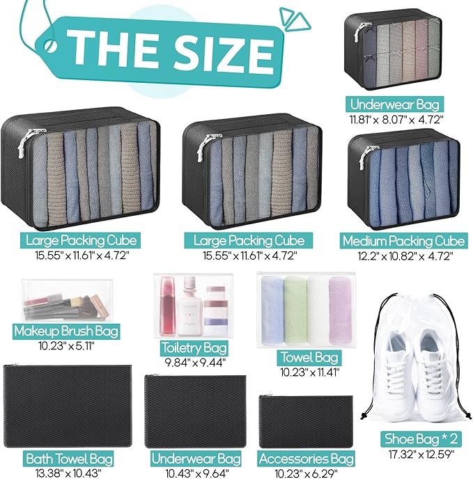 ALL INCLUDED - 12 Set Packing Cubes for Suitcases Carry On, Travel Essentials/Accessories Luggage Organizer Bags Set, Includes Cubes, Shoes Bag, Matte Cosmetic Bag, Zipper Bags