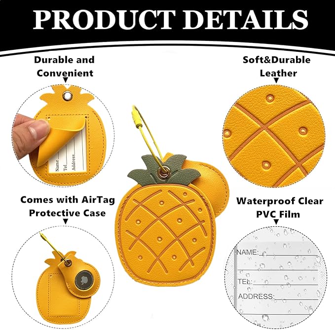 CuteLeather Luggage Tag Holder with Airtag Case Set,Hidden Compartment for AirTag Travel Suitcase Tracking Case with Stainless Steel Loop,Name ID Label(Pineapple)