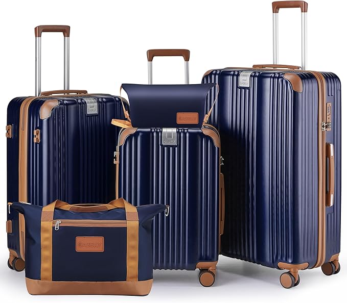 Luggage Set 3 Piece with Cup Holder,Hardshell TSA Lock Spinner Wheels Carry on Lightweight Suitcase，Hook and YKK Zippers for Valentine Gifts (Navy, 5 piece sets(20/24/28/DB/TB))