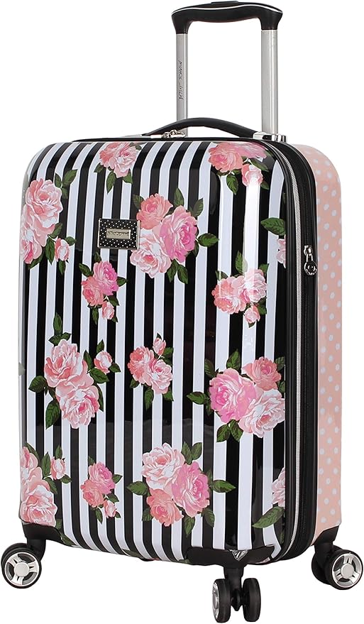 Betsey Johnson Designer 20 Inch Carry On - Expandable (ABS + PC) Hardside Luggage - Lightweight Durable Suitcase With 8-Rolling Spinner Wheels for Women (Stripe Roses)