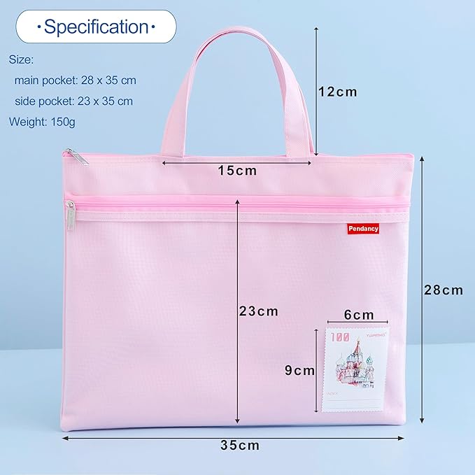 Pendancy Mesh Zipper Pouch 11x13.7 in, 2 pcs Large Double Pocket Waterproof File Bag with Handle, A4 Size Foldable Document Storage for Puzzle Project/Cross Stitch/Travel/Office（Green Pink）