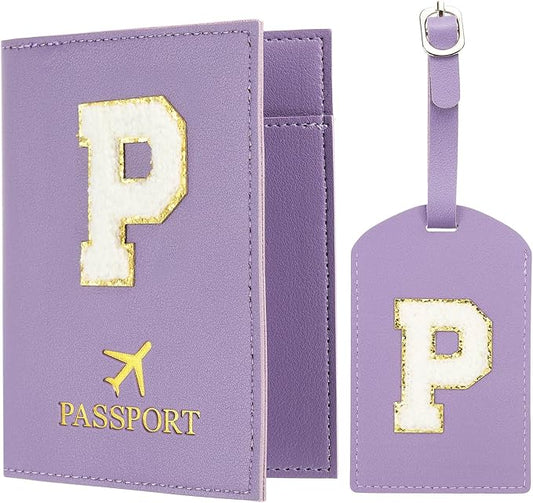 PATIKIL Passport Holder for Travel, Initial Passport Cover and Luggage Tag Set with Alphabet Chenille Letter Patch Travel Wallet Bag Suitcase Identifier for Women Family Travel Purple P