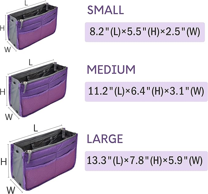 Vercord Purse Organizer Insert for Handbags Bag Organizers Inside Tote Pocketbook Women Nurse Nylon 13 Pockets Purple Large