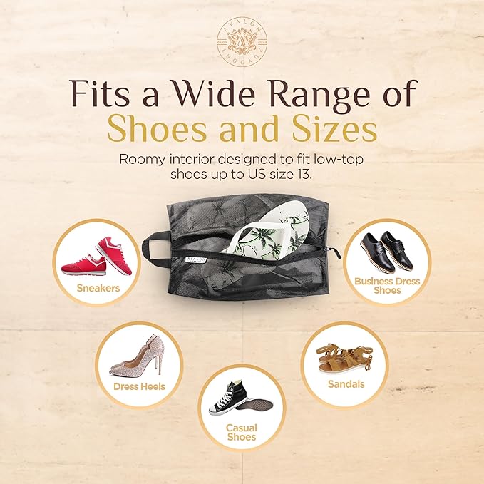 Shoe Bags for Travel - Footwear Organizer for Suitcases, Gym, Work Trips (Black Mesh)