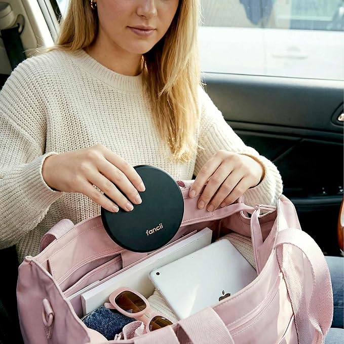 Fancii Taylor LED Lighted Travel Makeup Mirror, Rechargeable with 10x/1x Magnifying & 3 Light Settings - Compact, Portable, Large 5” Wide Hand Mirror for Handbag and Purses (Black)