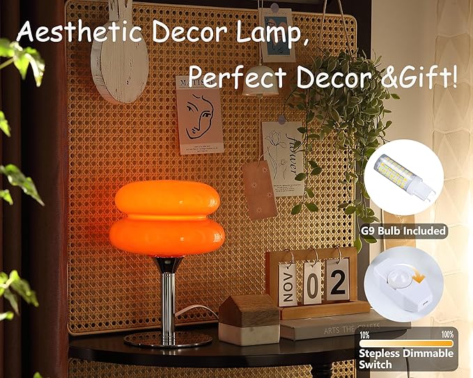 Glivpny Mushroom Table Lamp, Mid Century Modern Decor Lamp(Orange Red) | Cool Desk Lamps for Bedroom,Vintage Dimmable Bedside Small Cute Lamps, House Warming Gifts New Home Decor
