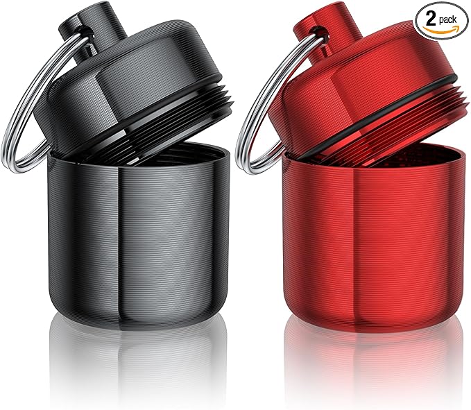 Ear Plug Carrying Case Keychain(2 Pack), Small Waterproof Metal Earplug Case Ear Plug Holder Container Great for Earplugs, Pills Case Pill Box and Jewelry Holder (Grey Red)