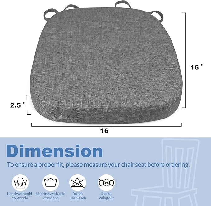 BUYUE Thickened 2.5" Dining Chair Cushions Set of 6, U-Shape High Density Foam Comfortable Chair Pads for Kitchen, Slip Resistant Indoor Seat Cushions (6 PCS, Dark Gray)