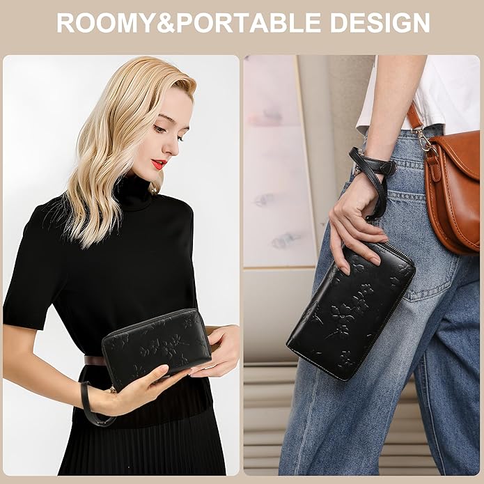 yiijay Womens Wallet RFID Blocking Large Capacity Vegan Leather Double Zip Wristlet Wallet Card Holder Travel Ladies Clutch