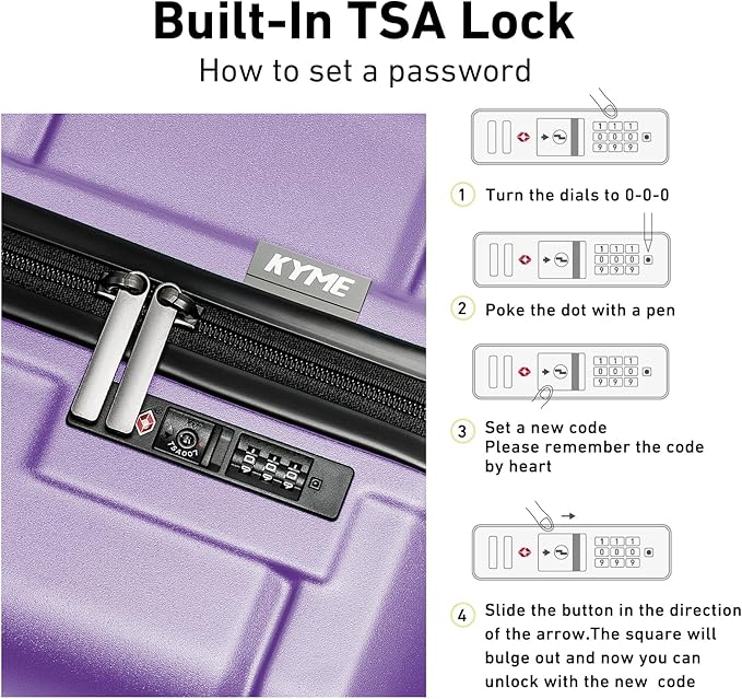 KYME Luggage Sets 3 Piece Hardshell 20"/24"/28" Suitcase with Wheels Hardside Suitcase Set with TSA Lock Large Travel Luggage Set for Women Lt Purple